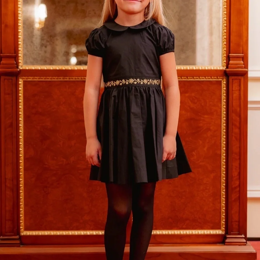 Ivy City Co Mini Murphy Black Dress with Gold Floral Trim, size 11/12